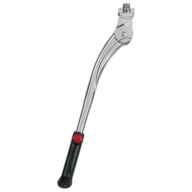 Zilveren Ergotec Comfort verstelbare middenstandaard voor 26-28 inch fietsen, gemaakt van aluminium Al 6061.