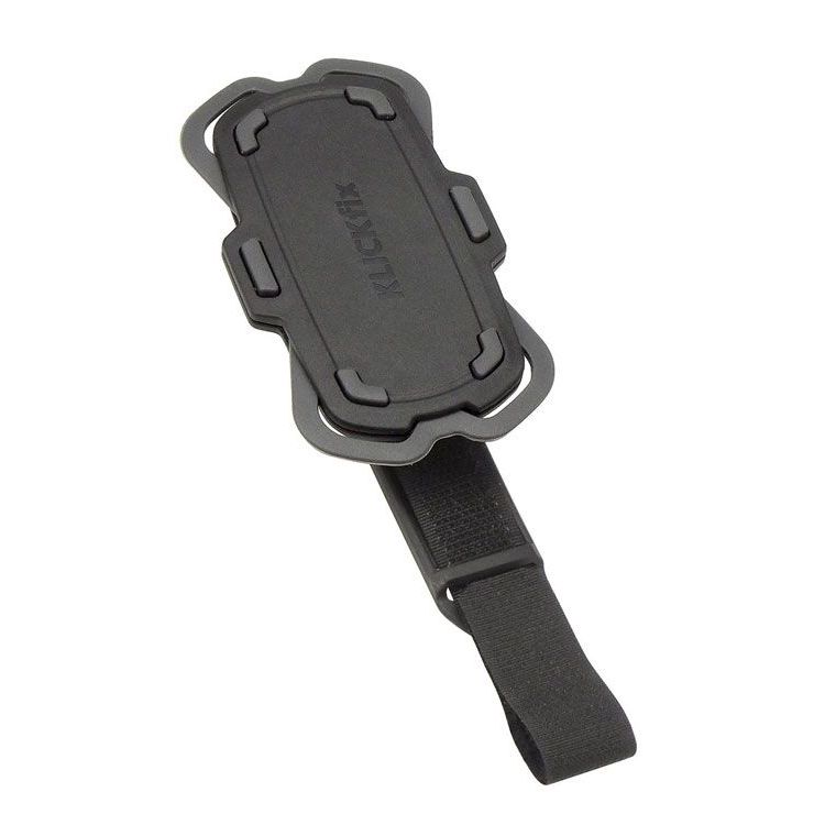 Zwarte KLICKfix Phonepad Loop fiets telefoonhouder met klittenband bevestiging, geschikt voor smartphones en fietsen.