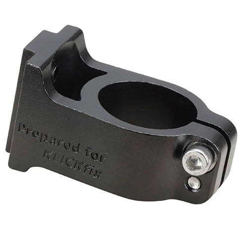Zwarte KLICKfix Aheadadapter 1 1/8" stuurhouder voor fiets, geschikt voor snel en stevig bevestigen op het stuur.