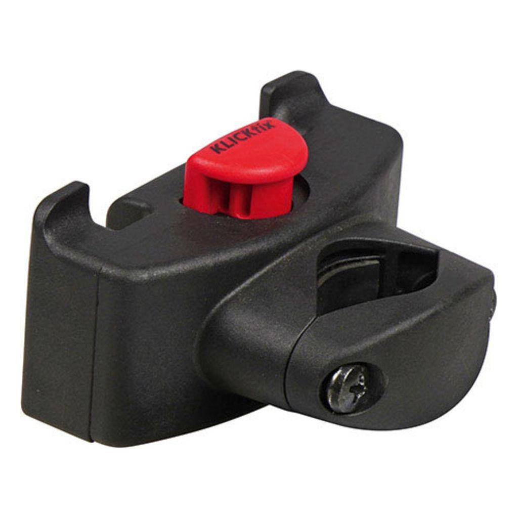 Zwarte KLICKfix Caddy stuuradapter op stuurpen Ø22-36 mm, geschikt voor fietsaccessoires, bevestigd op een fiets stuur.