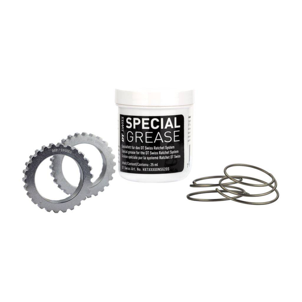 DT Swiss Naafd DT Servicekit Ratchet 24T SL, inclusief ratchet en onderdelen voor naafonderhoud, zichtbaar in de afbeelding