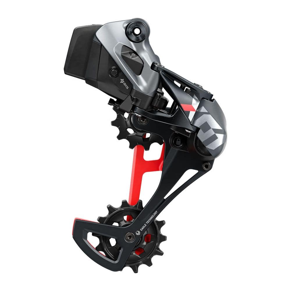 Sram X01 Eagle AXS achterderailleur 12V, zwart met rode accenten, gemaakt van carbon, voor mountainbike met max 52T kettingblad