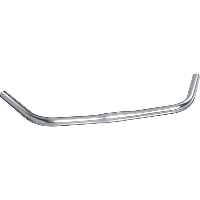 Zilveren aluminium stadsfietsstuur Ergotec Toulouse Ø25,4 mm, 540 mm breed, op een fiets gemonteerd.