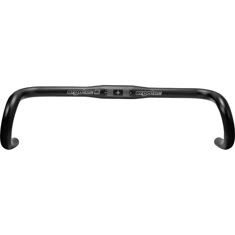 Zwart Ergotec Gravel Adventure Randonneur stuur Ø31,8 mm, 420/490 mm, voor gravel en urban fietsen, zichtbaar met handvatten en bevestigingspunten.