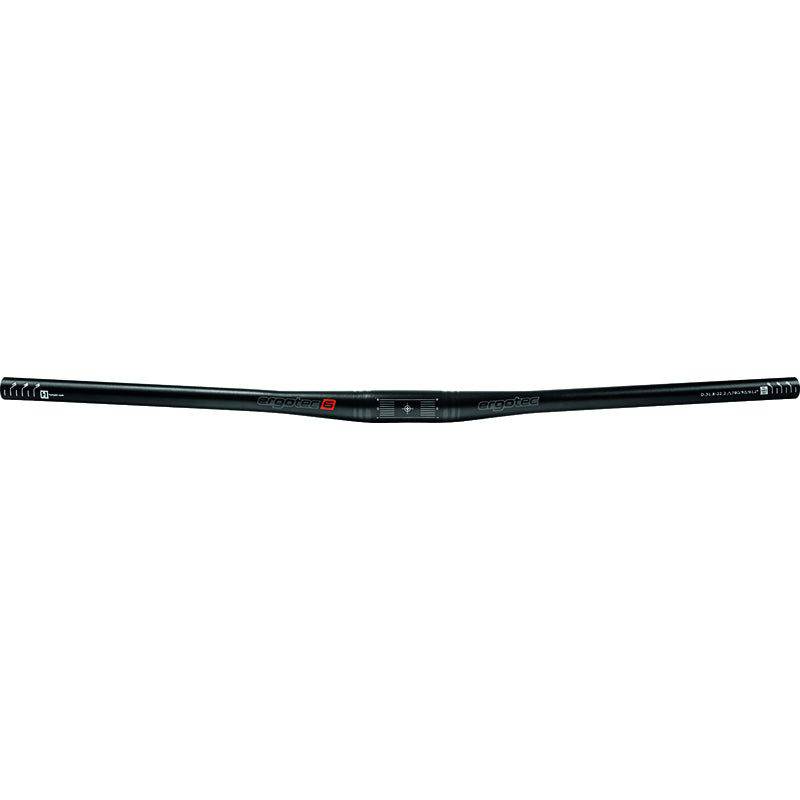 Zwarte Ergotec MTB Flat Bar stuur van 680 mm breed met 31,8 mm diameter, geschikt voor mountainbikes.