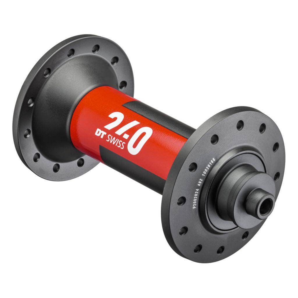 Zwarte DT Swiss 240 Race aluminium voornaaf met 20G, 100/5mm steekas, zichtbaar op de afbeelding
