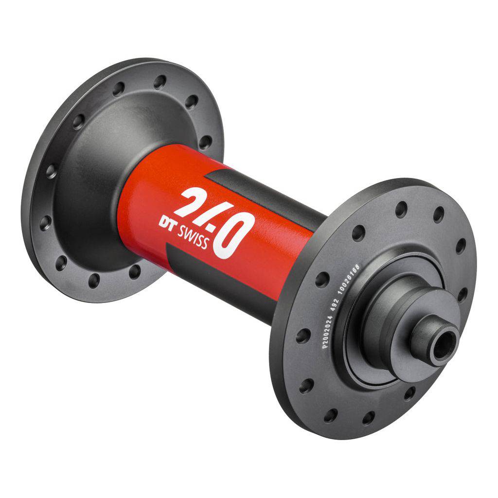 Zwarte DT Swiss 240 Race aluminium voornaaf met 24G en 100/5mm as, zichtbaar in de afbeelding.