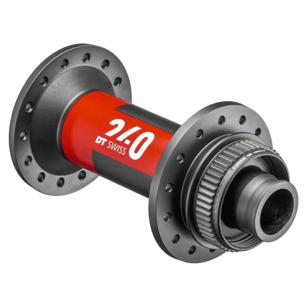 Zwarte DT Swiss 240 ATB disc voornaaf van aluminium, 28 gram, 100/15mm as, geschikt voor ATB fietsen, zicht van voorzijde
