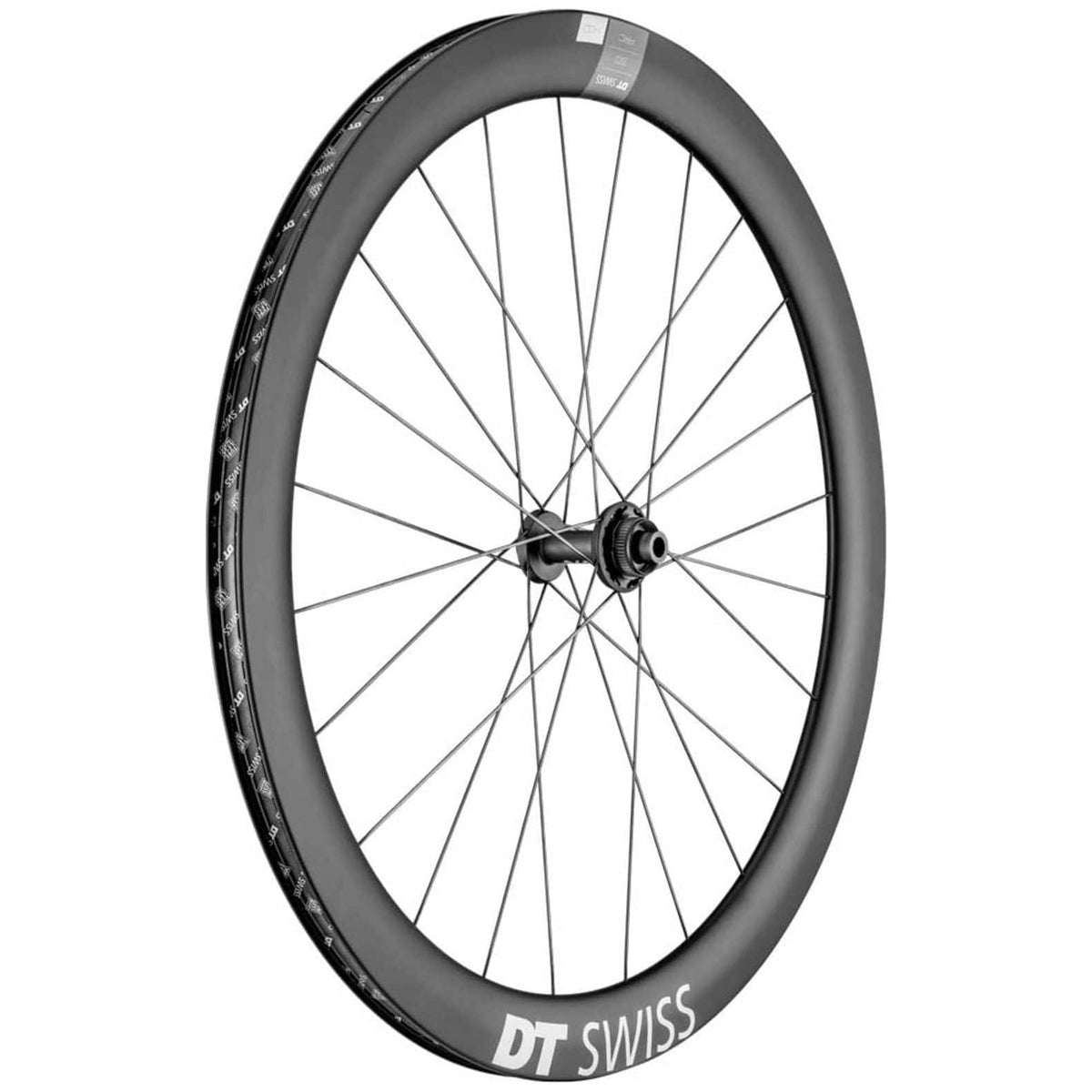 Voorwiel 28" DT Swiss ARC1400 Dicut 50 DB Carbon zwart voor racefiets, slijtvast en aerodynamisch met schijfremmen.