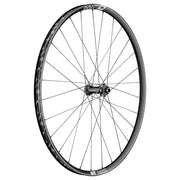Zwart voorwiel 29" DT Swiss XR1700 Spline 25 Boost Disc CL aluminium MTB wiel, zichtbaar met snelspanner en discremmen