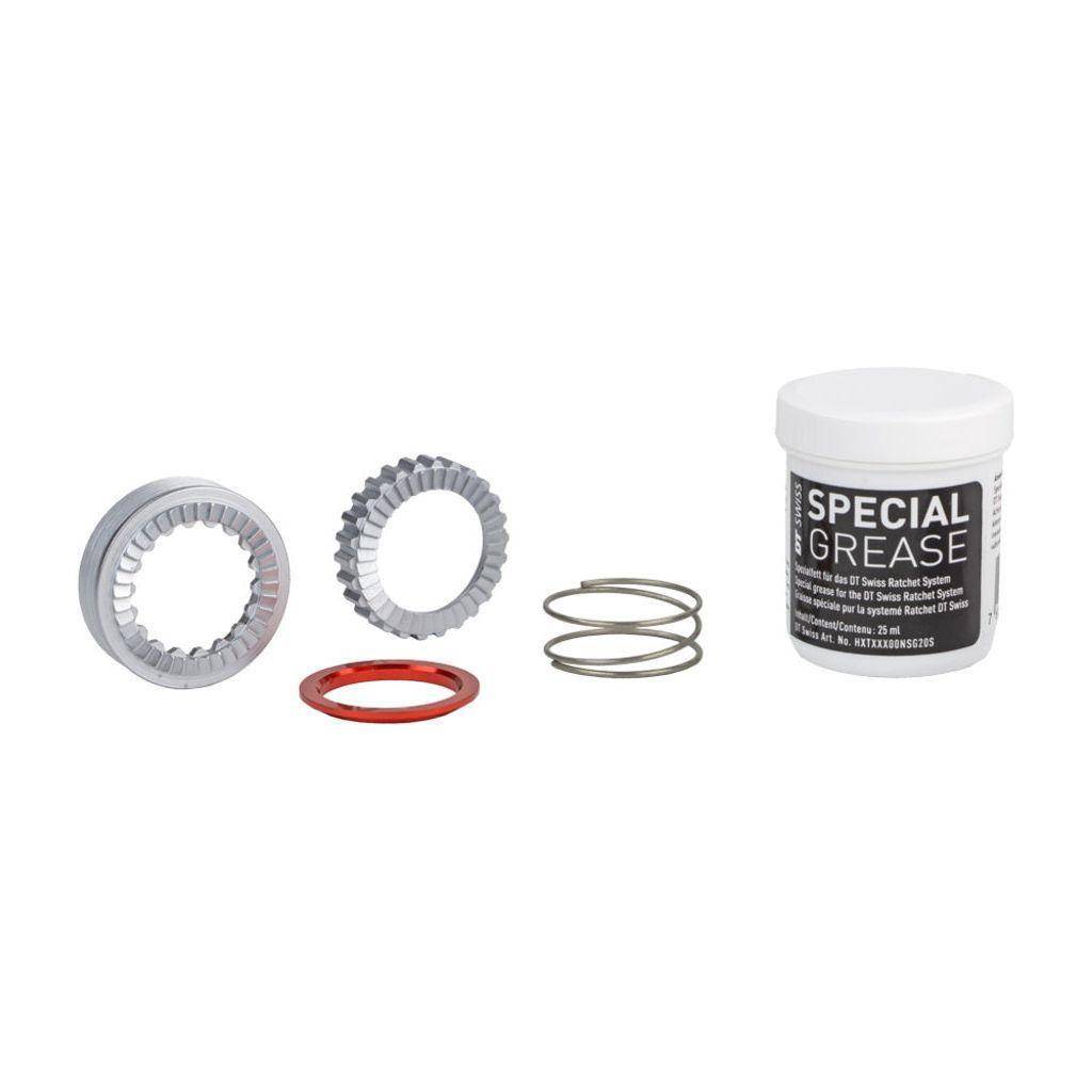 DT Swiss naafd Dt Servicekit ratchet 36T Exp met onderdelen voor naafreparatie en onderhoud, zichtbaar in de afbeelding.