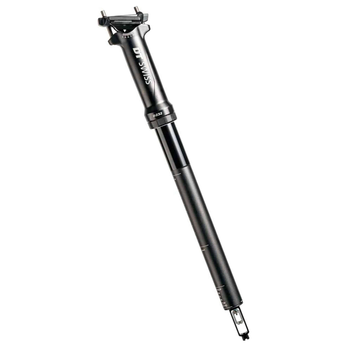 Zwart DT Swiss D232 Dropper zadelpen, 27.2x400mm met 60mm verstelbare drop, aluminium frame, zichtbaar in de afbeelding