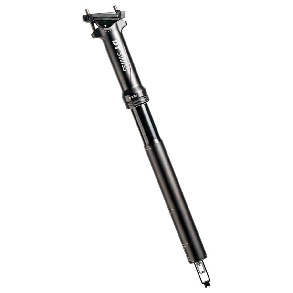 DT Swiss Zadelpen D232 One 27.2x400 Dropper post met verstelbare hoogte en zwart ontwerp voor mountainbikes en fietsen.