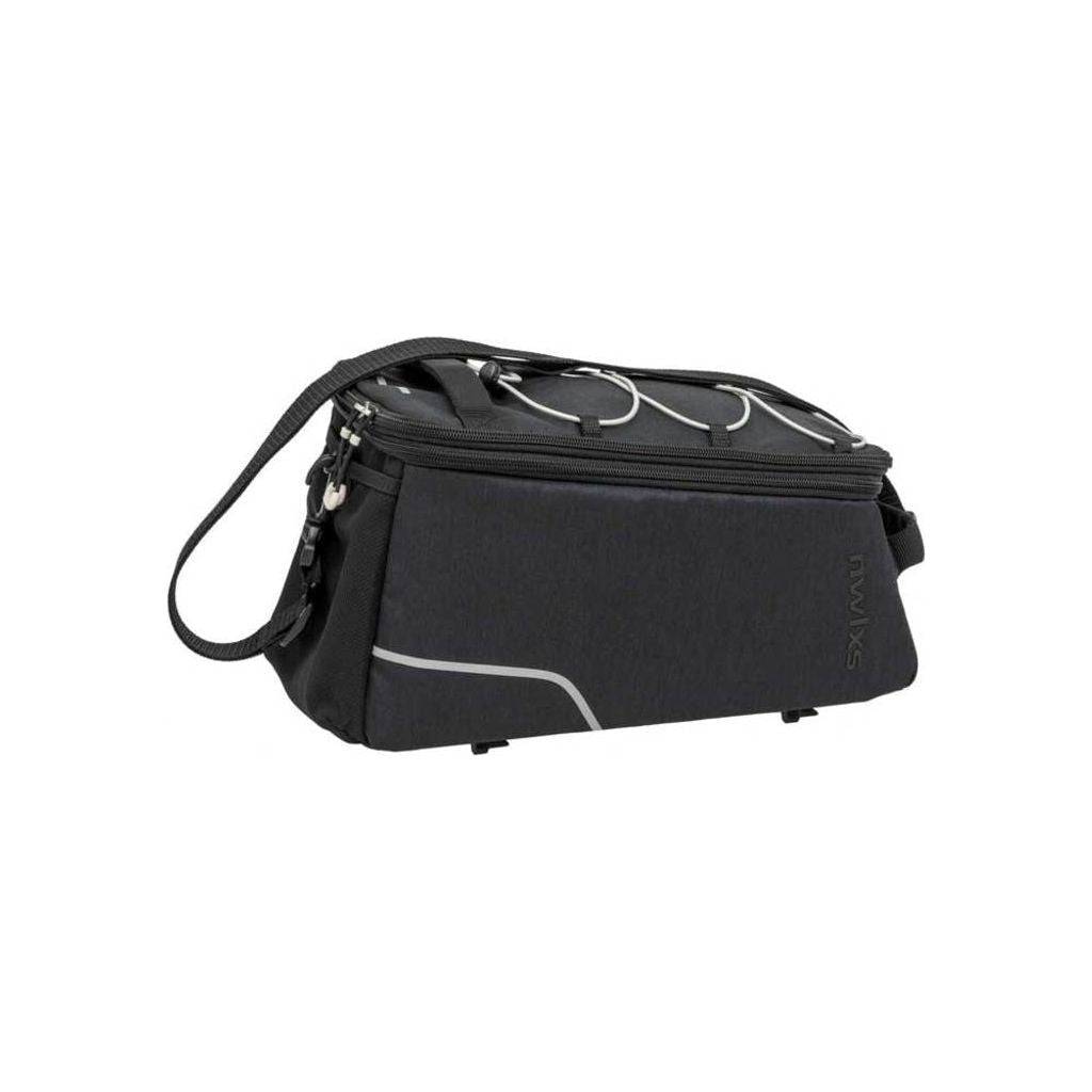 Zwarte New Looxs sporttrunkbag voor bagagedrager, kleine 13-liter tas met racktime bevestiging, geschikt voor fietsaccessoires