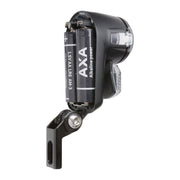 Zwarte Axa Nox City koplamp met auto-off functie en 4 lux helderheid voor fietsverlichting, zichtbaar in de afbeelding.