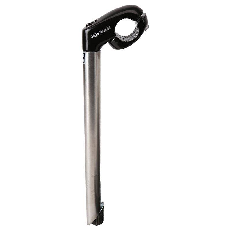Zwarte Ergotec stuurpen Cat Tube Rvs 22,2 mm, 300 mm lang, zichtbare RVS-afwerking en bevestigingspunten voor fietsstuur.