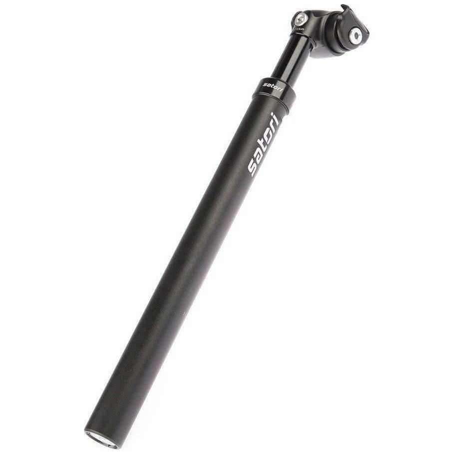 Verende Satori Elegance LT zadelpen in mat zwart, 27.2 mm diameter, 350 mm lengte, zichtbaar met vering en bevestigingsonderdelen.