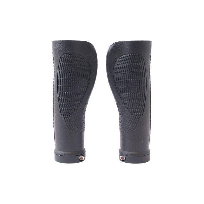 Zwart Marwi GP03L ergonomisch 2-componenten handvatset, geschikt voor 128/128 mm fiets, zichtbaar in de afbeelding.