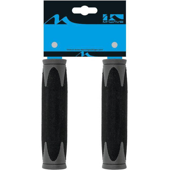 Zwarte en grijze M-Wave handvatten voor mountainbikes, 130 mm, 2-componenten, comfortabele grip voor ATB-fietsen.
