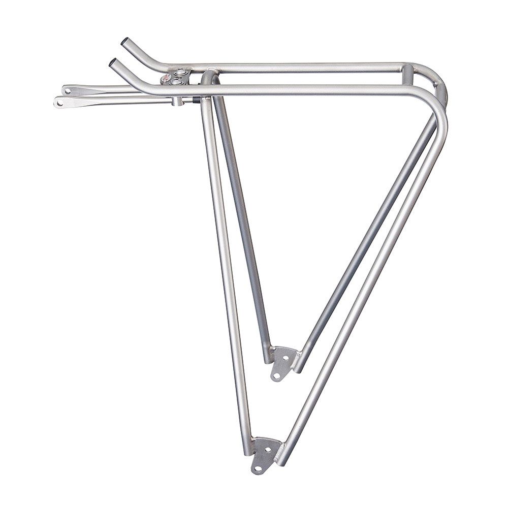 Zilveren Tubus Airy 26/28 inch titanium achterdrager voor bagage op fiets, stevig en lichtgewicht, geschikt voor mountainbikes en stadsfietsen.