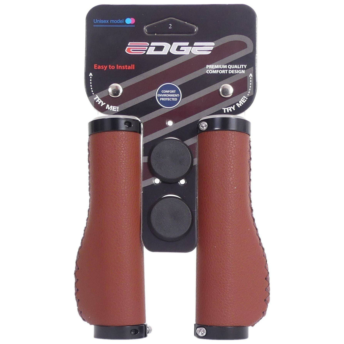 Edge lederen handvatset 135/135 mm in camelbruin met inklusieve lockring, geschikt voor fiets of scooter.