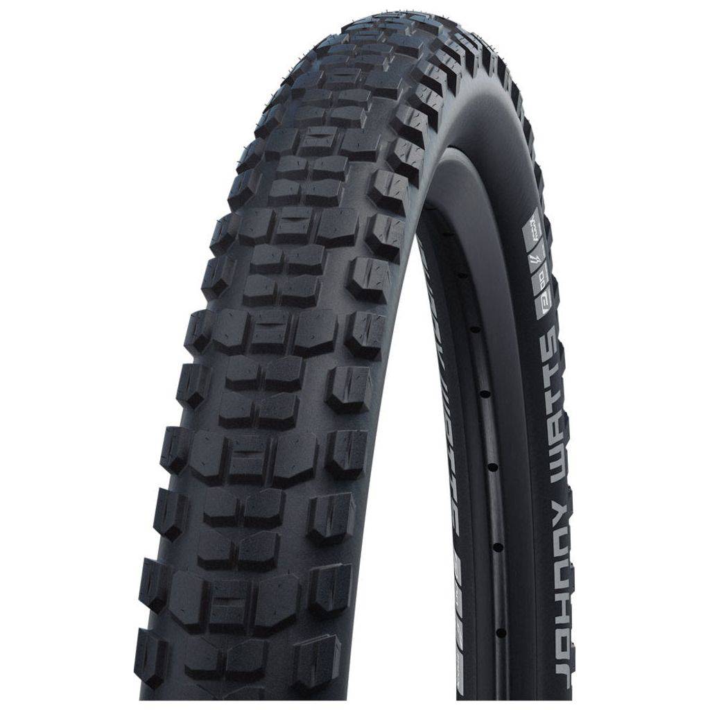 Zwarte Schwalbe Johnny Watts DD Raceguard 27.5 inch vouwband met stevige bandenprofiel en raceguard bescherming voor fiets.