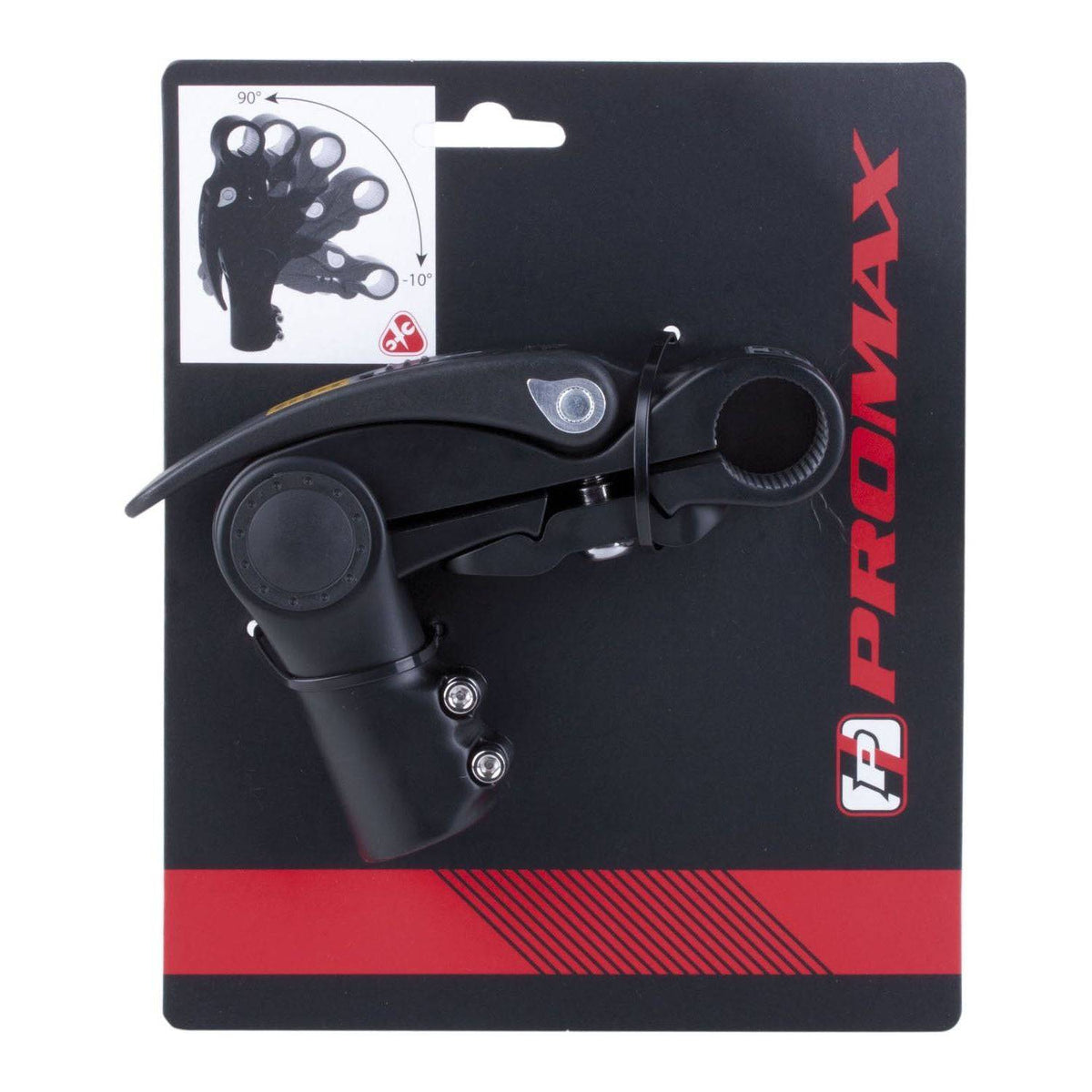 Promax verstelbare stuurpen met hevel, mat zwart, 25,4 mm, 110 mm lengte en 28,6 mm clamp, geschikt voor fietssturen.