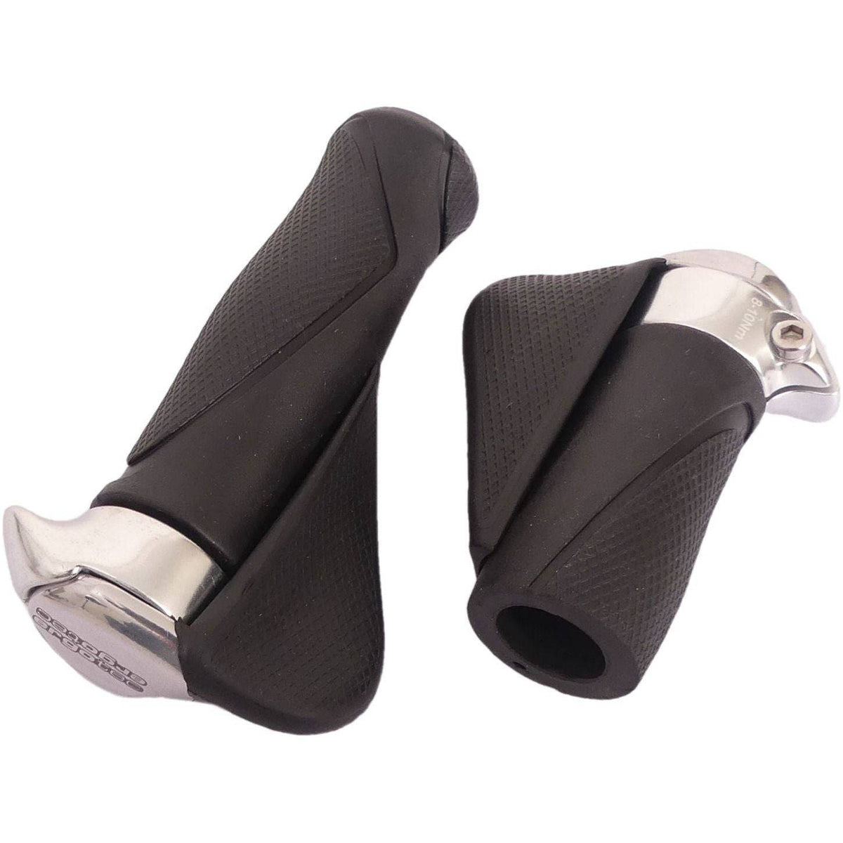 Zwart Ergotec Mf1 handvatpaar met Kraton en aluminium, 130+87 mm, geschikt voor fietsen, zichtbaar in close-up.