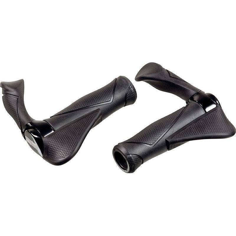 Zwart Ergotec handvatten Mf2 Small met Kraton en aluminium, 130+130 mm, geschikt voor fietssturen, zichtbaar in afbeelding.
