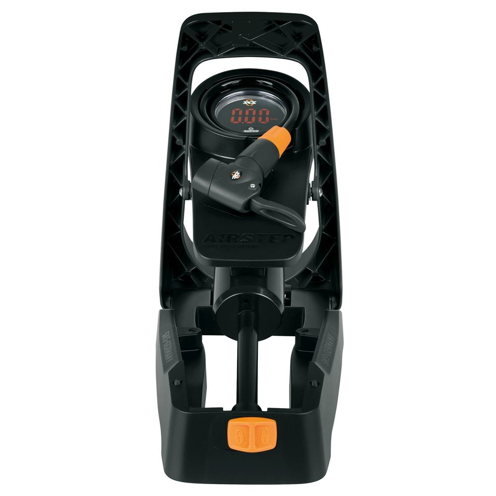 SKS Airstep aluminium voetpomp met manometer voor fietsbanden en inflatie, robuust en gebruiksvriendelijk.