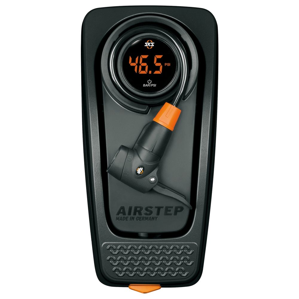 SKS Airstep aluminium voetpomp met manometer voor fietsbanden, duurzame en gebruiksvriendelijke fietsaccessoire