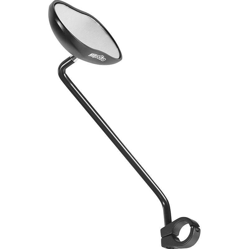 Zwarte aluminium fietsspiegel Ergotec M-88L met lange arm van 111 x 52 mm, gezandstraald afwerking, zichtbaar op de afbeelding.