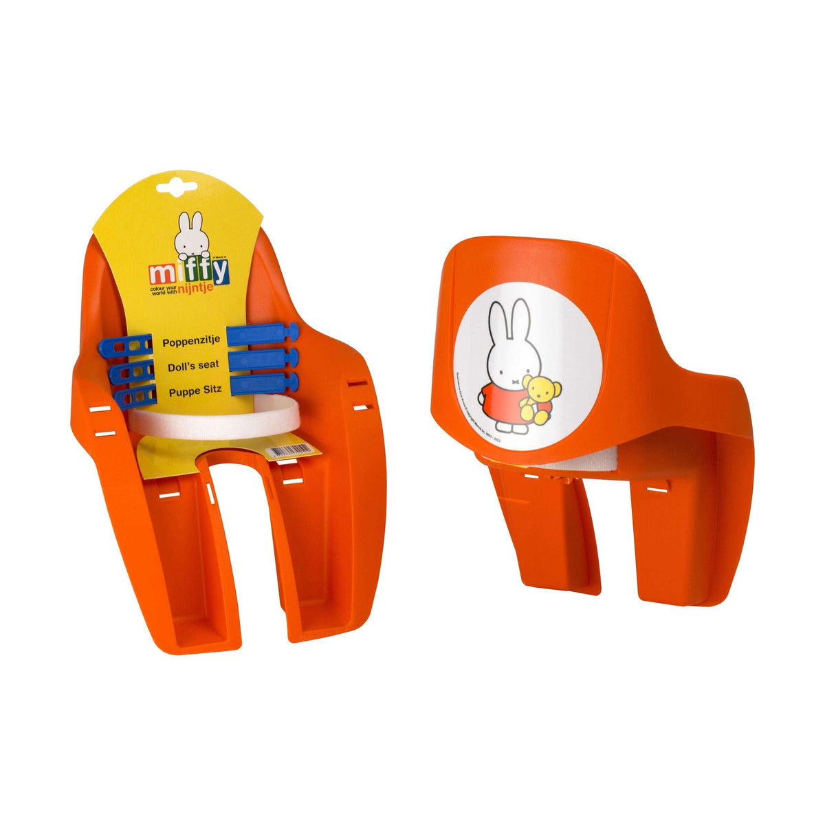 Oranje PVC Nijntje poppenzitje van Widek, geschikt voor diverse accessoires, bedoeld voor jonge kinderen en poppen.