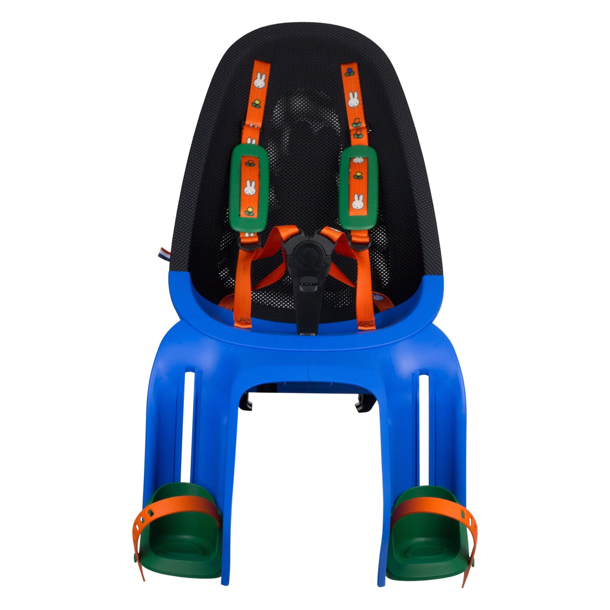 Blauw Qibbel Air Nijntje kinderzitje voor achter op de fiets met dragerbevestiging, geschikt voor jonge kinderen.