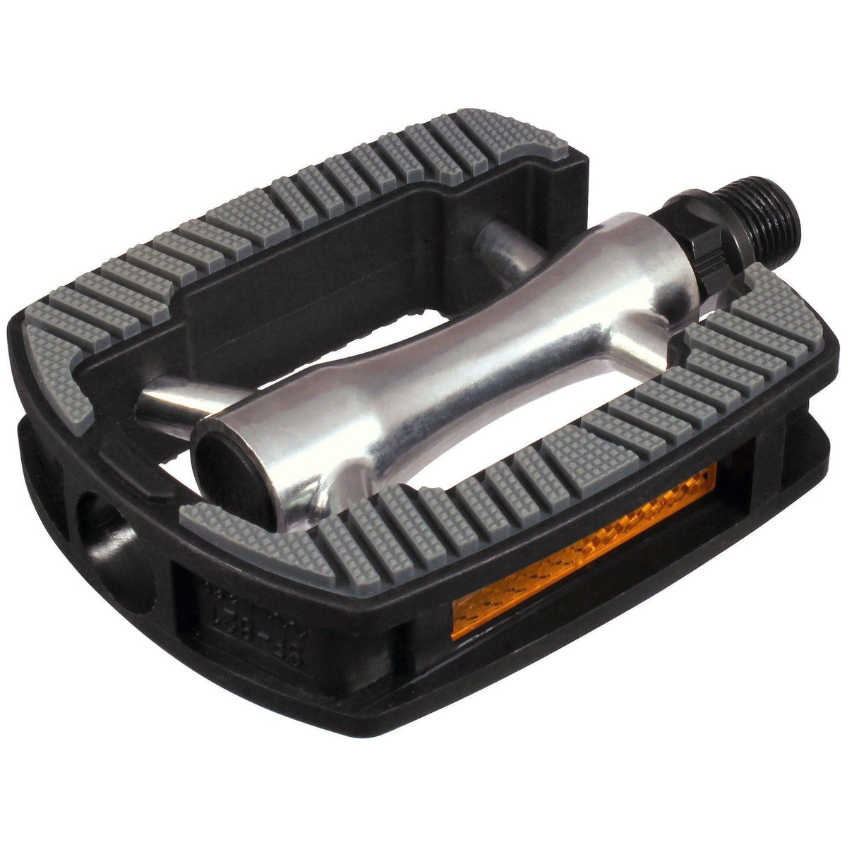 Zilveren Marwi SP-821 pedalen met aluminium behuizing en anti-slip grip voor stads- en E-bikes, met grijze inlay.
