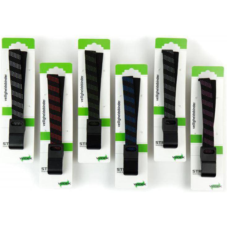 Set van 12 Widek snelbinders van 24 mm breed, 54 cm lang, met zwarte stalen haak, assorti kleuren voor veilige bevestiging