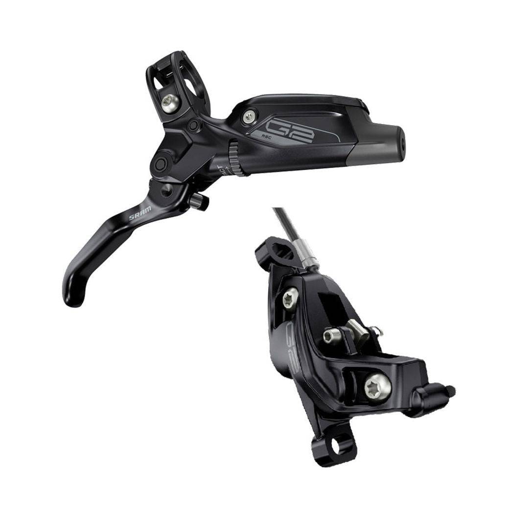 Zwart Sram Rem G2 RSC A2 rem voor derailleur, zichtbaar in close-up met bedieningsknoppen en kabel.
