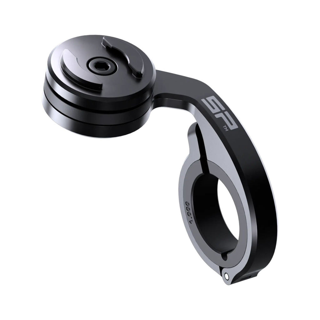 Zwarte SP Connect fiets telefoonhouder voor stuurmontage, geschikt voor mountainbikes, bevestigt veilig je smartphone tijdens het fietsen.