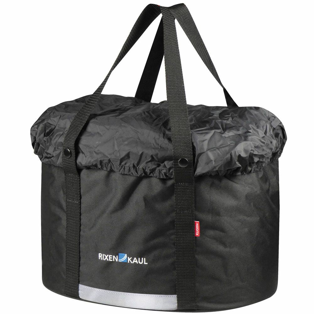 Zwart KLICKfix Shopper Plus stuurtas van 24 liter met ruime opbergruimte en verstelbare bevestiging, geschikt voor fietsgebruik.