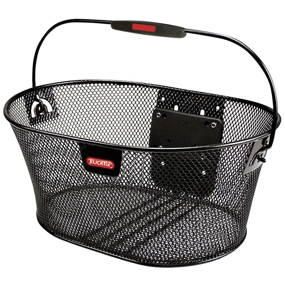 Zwarte KLICKfix ovalen fietsmand van 16 liter voor fietsaccessoires en boodschappen, bevestigd op fiets.