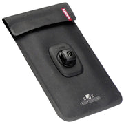 Zwart KLICKfix Phonebag Light M met quad mini adapter voor telefoons, stevig telefoonhoesje met geïntegreerde houder en accessoires.