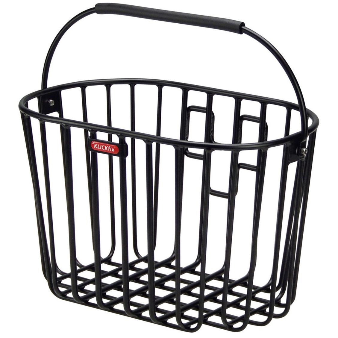 Zwarte KLICKfix Alumino fietskrat mand met 16 liter capaciteit, geschikt voor fietsaccessoires en boodschappen.