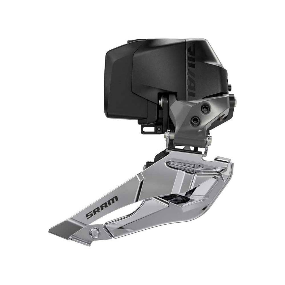 Zwart Sram Rival eTap AXS D1 12V aluminium voorderailleur, ontworpen voor snelle en efficiënte racefietsversnellingen.