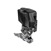 Sram Rival Wide eTap AXS D1 12V aluminium voorderailleur in zwart, zichtbaar met aandrijving en kabel, voor elektronische mountainbike.