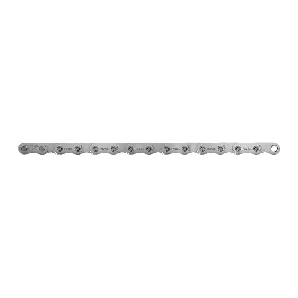 Zilveren SRAM Rival D1 13-speed ketting met 108 schakels, geschikt voor 12/13-speed fietsen, met flattop ontwerp