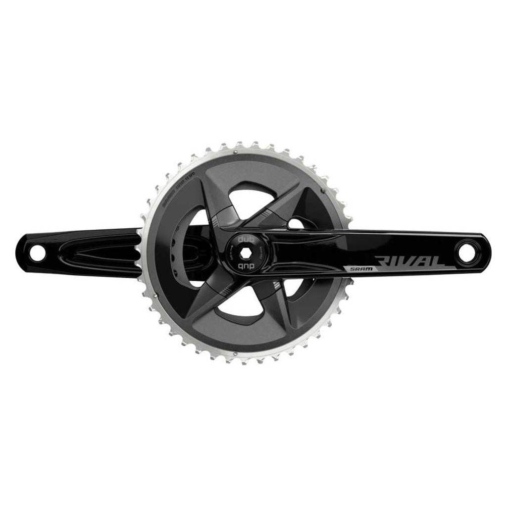 Sram Riv Axs Wide D1 Dub racefiets crankstel met twee kettingbladen en zwarte afwerking, zichtbaar op de afbeelding.