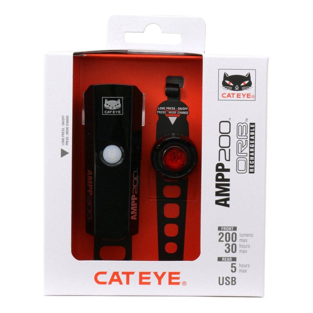 Lampset Cateye Ampp200 + Orb Hl-El042 + Tl-Ld160Rc-R Led Usb Oplaadbaar Zwart - Le Coq Wielerartikelen