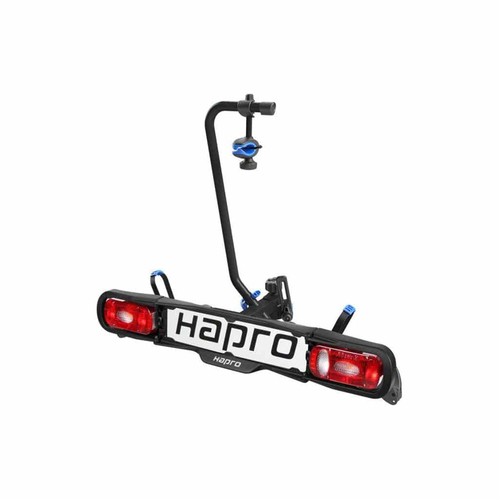 Hapro Atlas Active I fietsendrager voor trekhaak, zwart/blauw, 13-polige aansluiting, geschikt voor vervoer van fietsen.