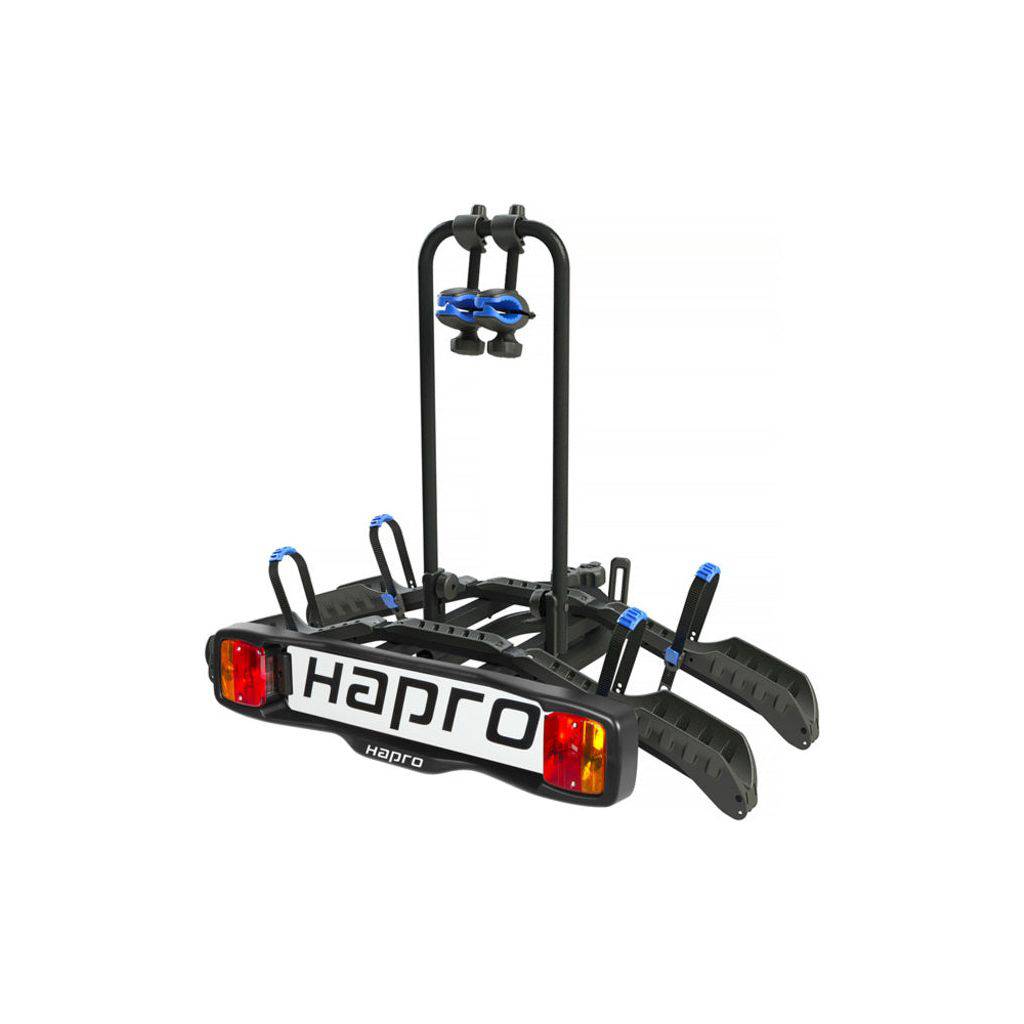 Zwarte en blauwe Hapro Atlas Active II fietsendrager voor trekhaak, kantelbaar, geschikt voor 2 fietsen, onderstel en bevestigingspunten zichtbaar