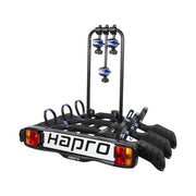 Zwart en blauw Hapro Atlas Active III fietsendrager voor trekhaak, kantelbaar en geschikt voor 3 fietsen.